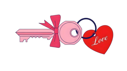 Pink Key with Red Heart Shaped Love Tag and Pink Bow Isolated on Black graphic design