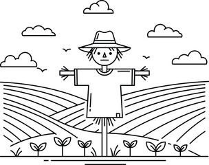Scarecrow standing in agricultural field line art illustration rural farming landscape minimal vector design for harvest season concept background nature