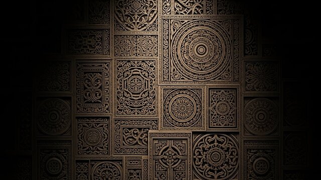 Antique Thai style art painting featuring gold architectural ornaments and vintage patterns on an ancient temple wood door texture