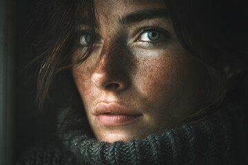 Winter depression - seasonal affective disorder mental health woman sad comtemplative looking out the window alone.