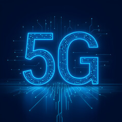Futuristic 5G Network Technology Concept with Glowing Blue Digital Circuitry
