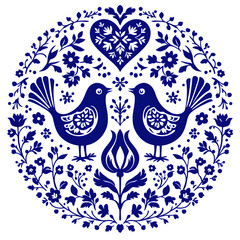 Traditional Blue and White Folk Art Circular Illustration with Birds and Heart
