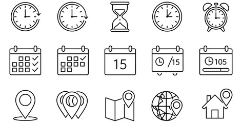Collection of minimalist black line icons representing essential concepts of time management scheduling appointments tracking location and global navigation planning for user interface design