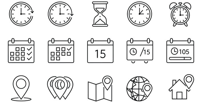 Collection of minimalist black line icons representing essential concepts of time management scheduling appointments tracking location and global navigation planning for user interface design