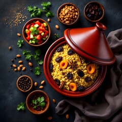 Traditional Moroccan Couscous with Dried Fruits and Spices in a Tagine Pot
