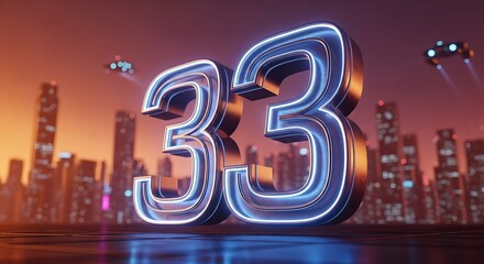 Futuristic city skyline with glowing number 33 and flying vehicles at sunset