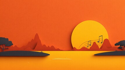 Papercraft style landscape depicts a vibrant sunset over water with musical notes visible