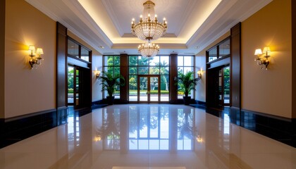 Art Deco interior with chandelier centerpiece, symmetrical decor, elegant lighting, timeless glamour