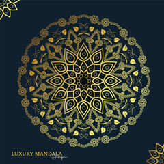 Intricate golden mandala design on dark blue background with ornate patterns
