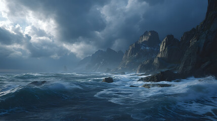 Stormy Coastal Majesty: The untamed power of the ocean unfolds against rugged cliffs, as dark clouds gather, hinting at an impending tempest, creating a scene of raw and awe-inspiring grandeur.