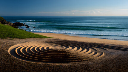 Concentric circles on sandy beach by ocean waves