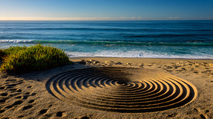 Concentric circles on sandy beach with ocean and grass