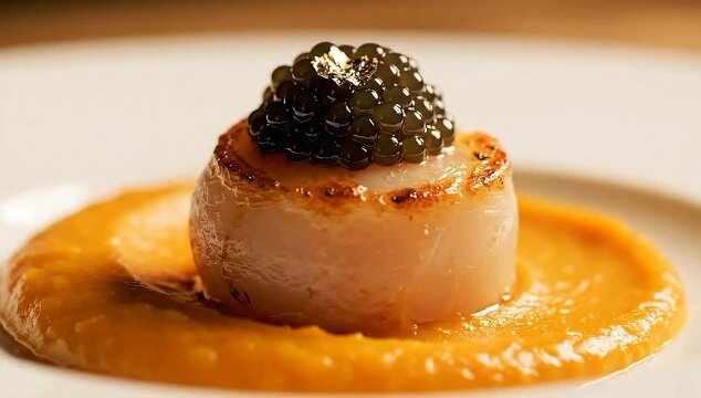 A high-end dessert plating of a glossy chocolate dome (ganache) on a marble tabletop. A warm raspberry coulis is being drizzled over the side in slow motion. The background is a blurred, expensive res