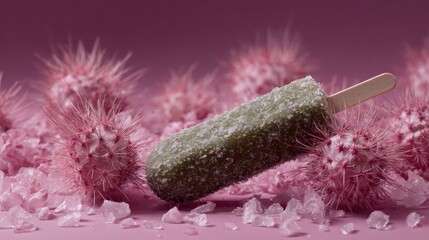 Ice cream bar covered in cactus-like spikes, surreal and conceptual artwork blending dessert with danger, imaginative and edgy style