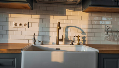 A bright kitchen interior featuring a white sink, faucet, and tiled backsplash with warm sunlight.