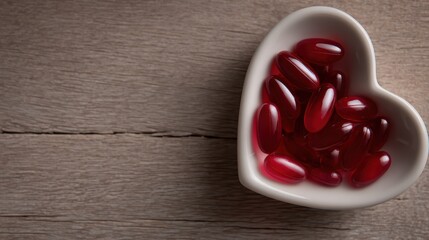 Heart health concept: red tablets in heart-shaped bowl on wooden background, promoting awareness of heart care and treatment