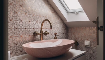 Interior view of a stylish bathroom featuring a pink sink, golden faucet, and patterned wall tiles.