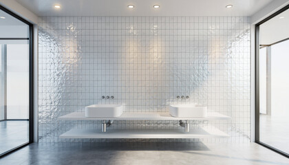 Modern bathroom interior featuring two sinks, tiled walls, and large glass windows.