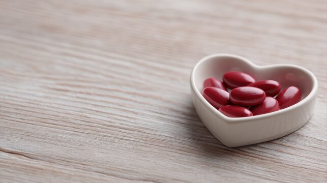Heart-shaped dish with red medications on wooden surface, highlighting heart wellness and proper medication, clear and simple layout
