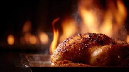 Whole turkey engulfed in fire on a baking sheet, Thanksgiving culinary disaster, dramatic and vivid scene