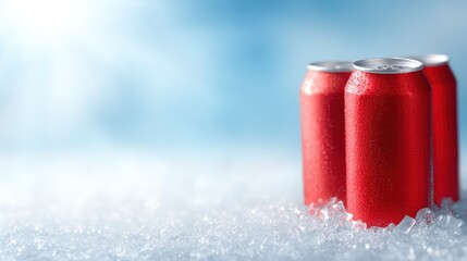Red soda cans on ice with sparkling highlights, summer sunlight, vibrant blue sky, realistic 3D render, refreshing and cool atmosphere