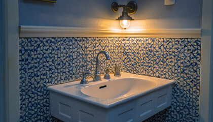 Interior bathroom scene featuring a white sink, faucet, patterned wall, and warm lighting fixture.