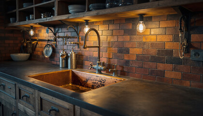 Interior view of a rustic kitchen, featuring a copper sink, brick backsplash, and wooden cabinetry.