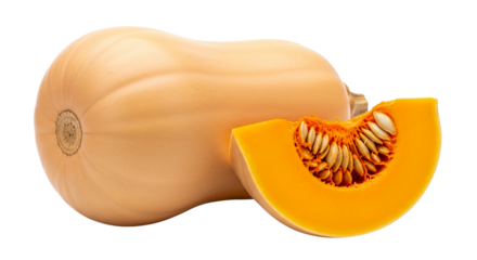 A butternut squash cut in half on a black background