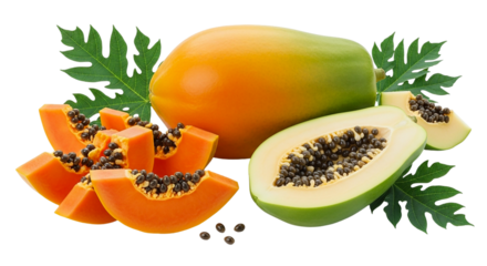 A vibrant display of fresh papaya fruit and leaves on a black background