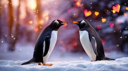 Adorable penguins celebrating love in snowy winter wonderland, perfect for valentine day, cute animals, romantic scene, defocused background, with copy space