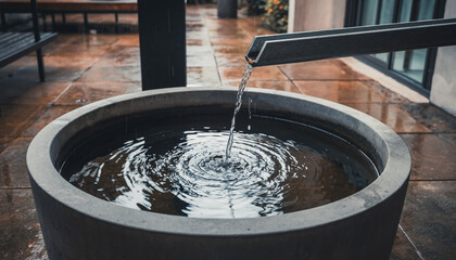 Water flowing from a metal spout into a round concrete basin, creating ripples.