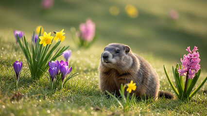 A furry groundhog sits among a variety of spring flowers including purple crocuses and yellow daffodils