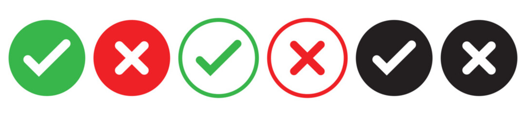 Check mark icon button set. Check box icon with right and wrong buttons and yes or no checkmark icons in green tick box and red cross. Isolated checkmark symbol, right and wrong sign concept. Icon.