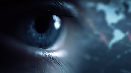 Futuristic surveillance eye watching world financial markets, data monitoring, dark tech atmosphere