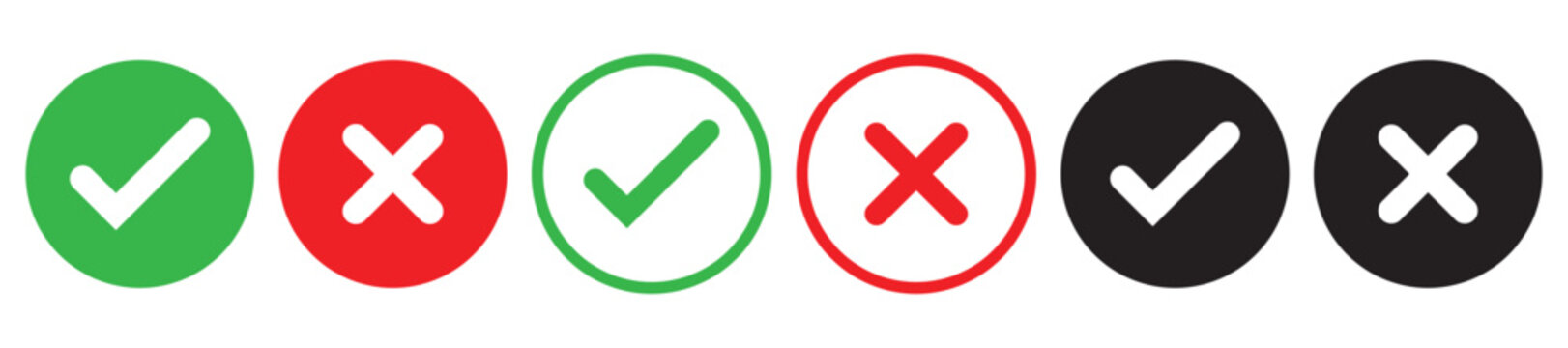 Check mark icon button set. Check box icon with right and wrong buttons and yes or no checkmark icons in green tick box and red cross. Isolated checkmark symbol, right and wrong sign concept. Icon.