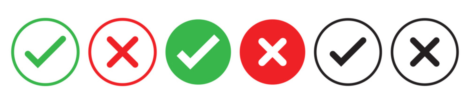 Check mark icon button set. Check box icon with right and wrong buttons and yes or no checkmark icons in green tick box and red cross. Isolated checkmark symbol, right and wrong sign concept. Icon.