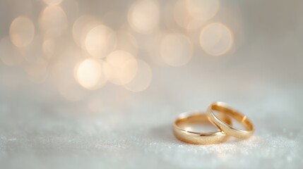Pair of gold rings representing love, blurred glowing bokeh background, intimate and dreamy mood