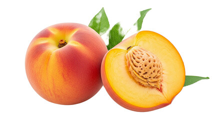 A vibrant peach and a sliced peach with leaves on a black background