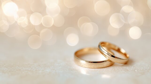 Two gold wedding bands with soft glowing bokeh, symbolizing romance and commitment, warm lighting