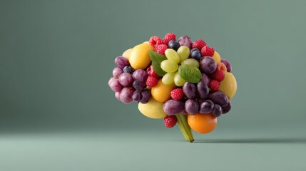 Human brain composed of various fruits, symbolizing healthy living and nutritious eating, vibrant and conceptual illustration