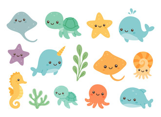 Colorful marine animal set. Cute ocean creatures and plants for children illustrations and designs © Lifeking