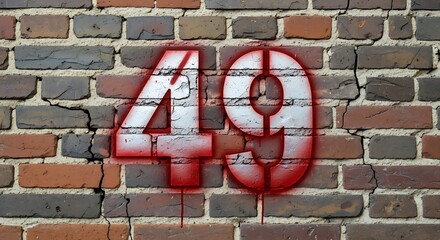 Bold red number 49 spray-painted on a weathered brick wall with drips