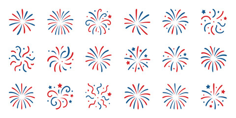 Obraz premium Collection of patriotic fireworks in red and blue on a white background