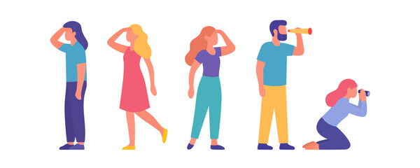 Group of diverse people looking forward with spyglasses or binoculars. Colorful design for teamwork and discovery themes