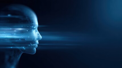 Side view of AI humanoid head with exposed circuits, futuristic technology design, blue digital background, AI assistant concept, clean vector art