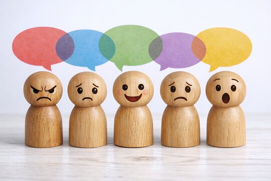 感情表現の異なる木製フィギュアが並び多様な意見や気持ちの違いを伝えるコミュニケーションイメージ