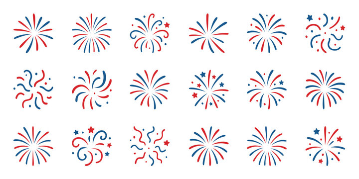 Collection of patriotic fireworks in red and blue on a white background