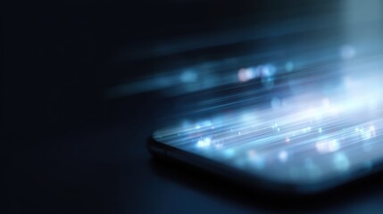 Futuristic concept of AI assistant displayed on a smartphone screen, holographic interface, glowing digital elements, modern tech background