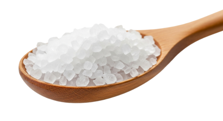A wooden spoon filled with white crystals on a black background