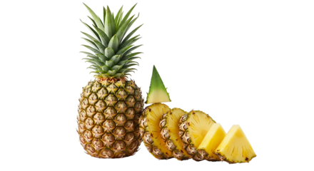 A whole pineapple and sliced pineapple pieces on a black background